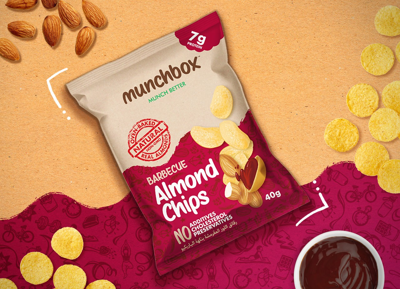 Premium bbq almond oven baked chips by Munchbox UAE.