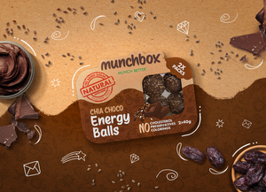 A pack of 10 chia choco energy balls by Munchbox 