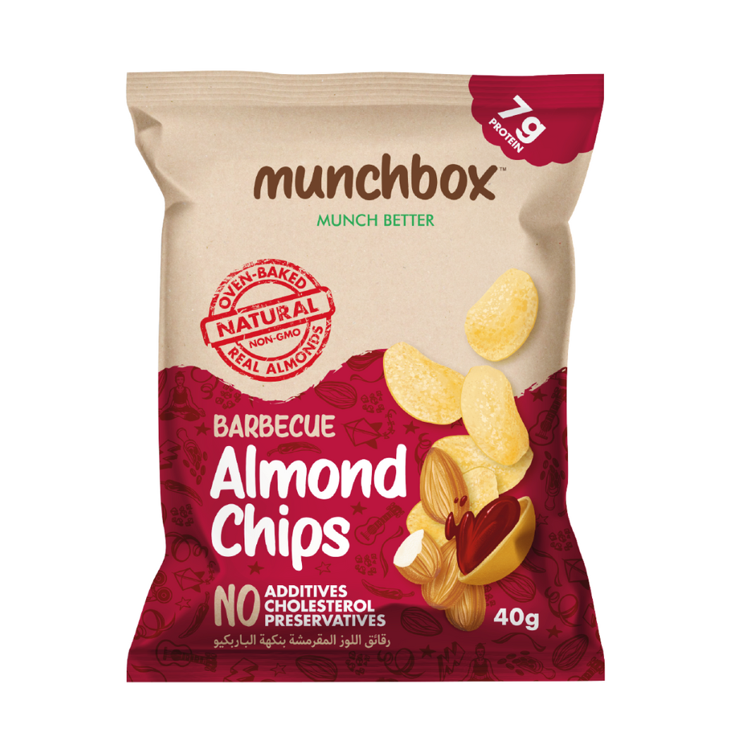 Premium bbq almond oven baked chips by Munchbox UAE.