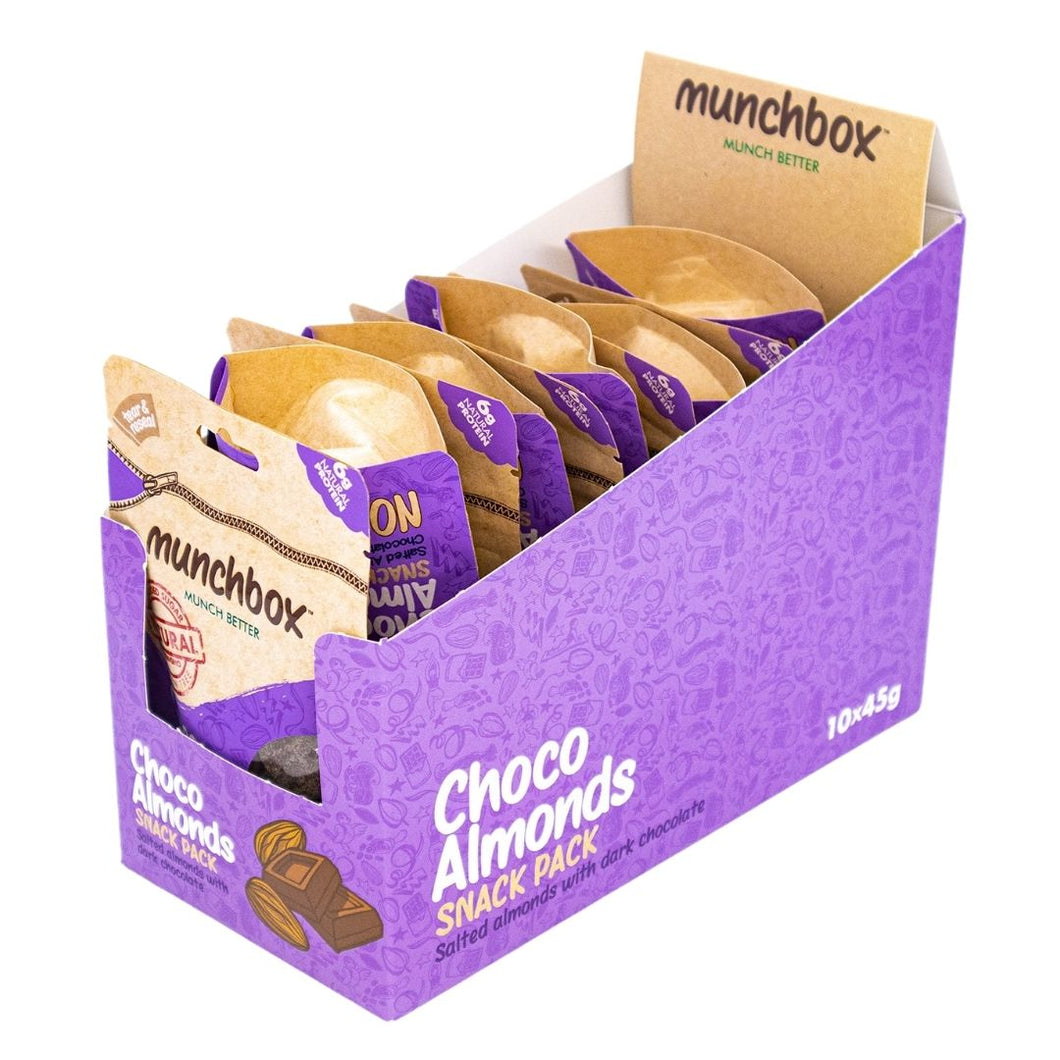 a box of 10 premium pack of 45g choco almonds by Munchbox 