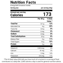 Load image into Gallery viewer, nutritional facts for A pack of 10 cinnamon vanilla energy balls by Munchbox

