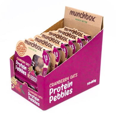 a box of 10 premium packs of cranberries and oats protein pebbles by Munchbox