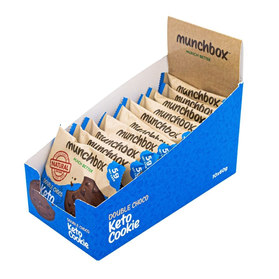 Box of premium double choc keto cookie by Munchbox 