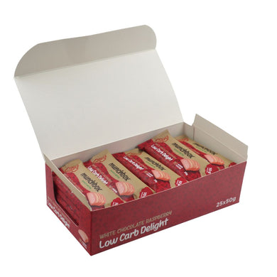 a box of premium keto white chocolate raspberry bar by Munchbox UAE