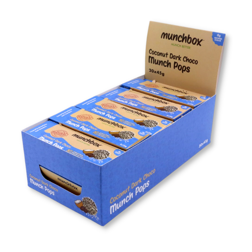 A box of coconut dark choco munchpops by Munchbox UAE