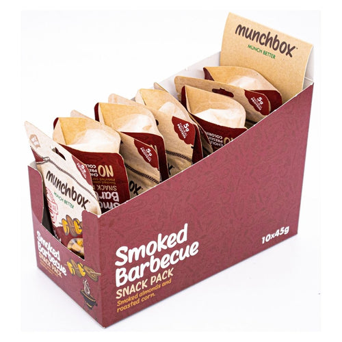 a pack of 10 150g smoked bbq almonds and corn by Munchbox