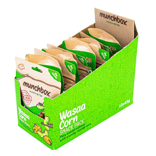 a box of 10 premium pack of 45g wasaa corn by Munchbox 